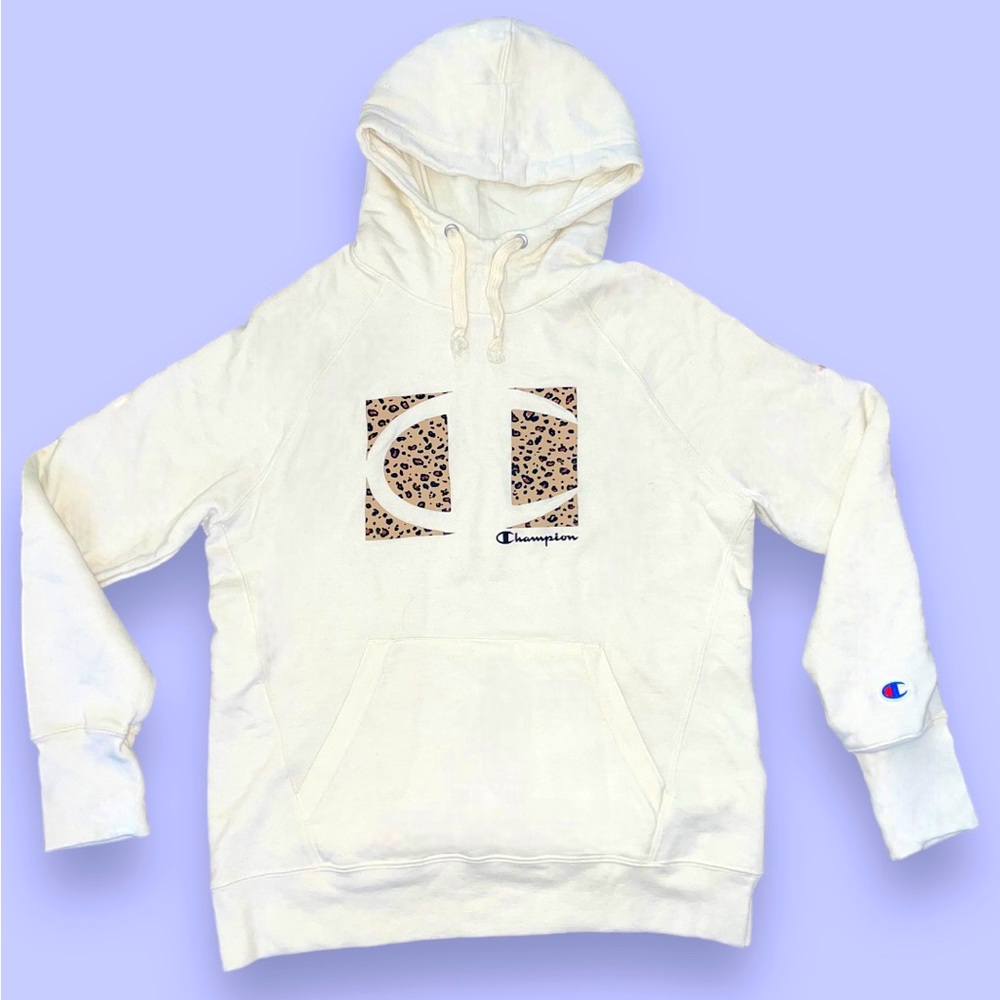 Champion Cream Hoodie with Leopard Print Logo